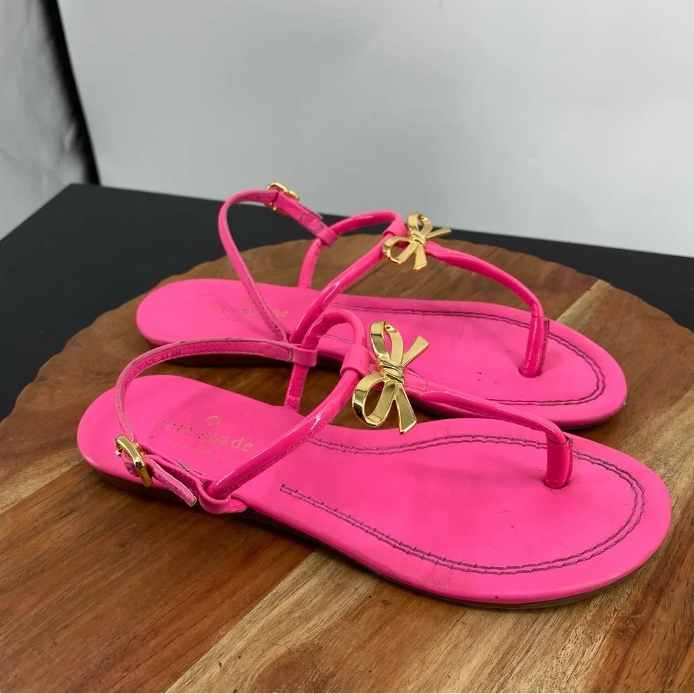 Kate‎ spade Tracie flat sandals hot pink gold bow Sz 6